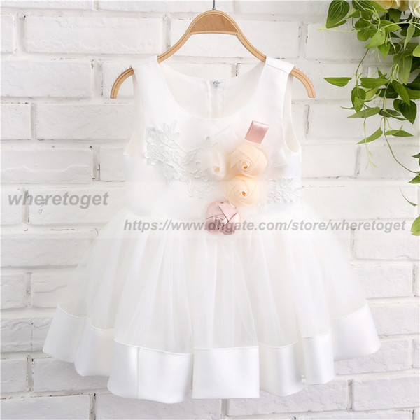 real picture white princess ball gown flower girl dresses tea length lace Lovely jewel neck Cheap girls pageant Communion dresses