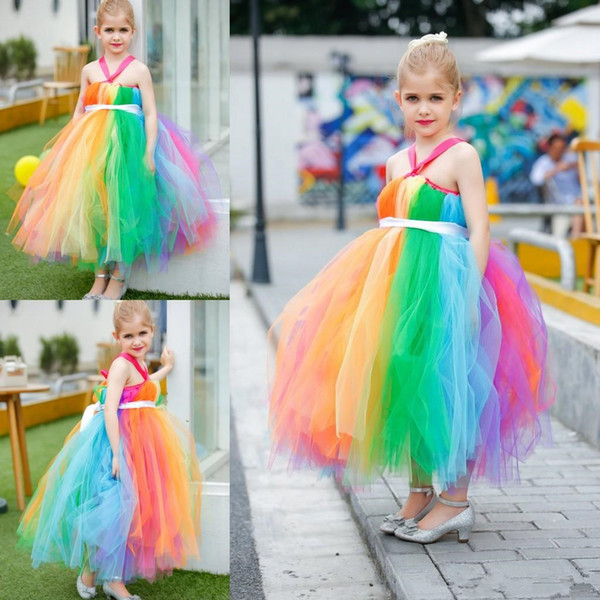 Rinbow Colorful Ankle Length Flower Girl's Dresses Halter Flower Fairy Dress Tutu Skirts Lovely Little Girls Pageant Dresses For wedding