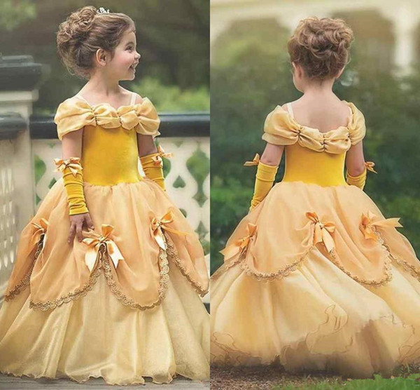 Ball Gown princess Flower Girls Dresses Yellow Cheap spaghetti straps summer Puffy Little Girls Kid First Communion Dresses