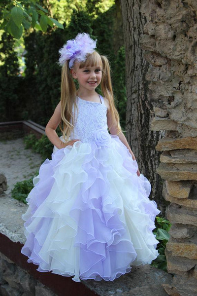 Gradient color ivory and Lavender First Communion Dresses organza long sleeves Ball Gown princess Flower Girl Dresses birthday Pageant gown