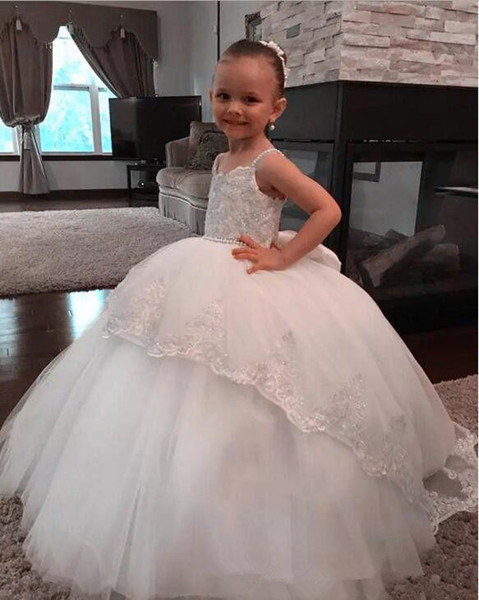 Cheap ball gown Flower Girl Dresses For Wedding cute lace appliques beaded straps Little Kids First Communion Birthday country Pageant Gowns