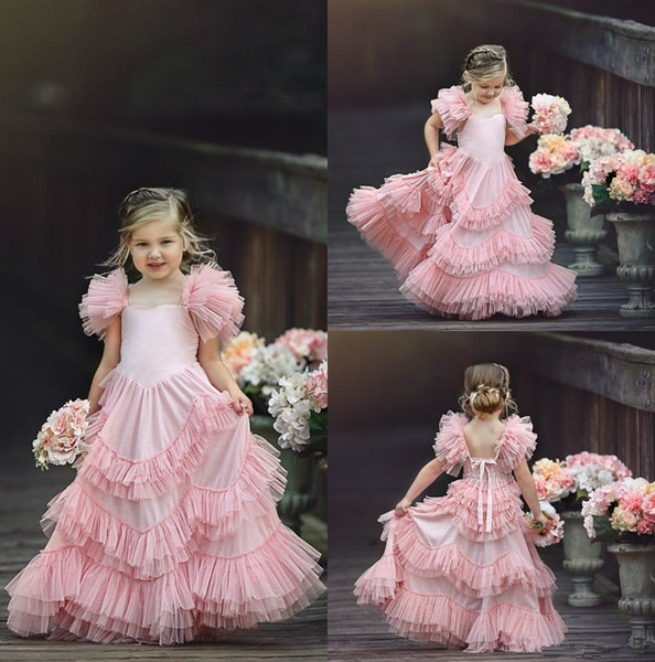 Lovely Blush Pink Flower Girl Dresses Tiered Ruffle Tulle Princess Pageant Gowns First Communion Floor Length Custom Made Kids Prom Dresses