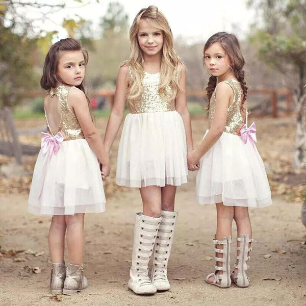 Light Gold Sequined Top Mini short Flower Girl Dresses above knee length Formal Backless Jewl Neck Tulle Skirt Kids Pageant Gowns Weddings