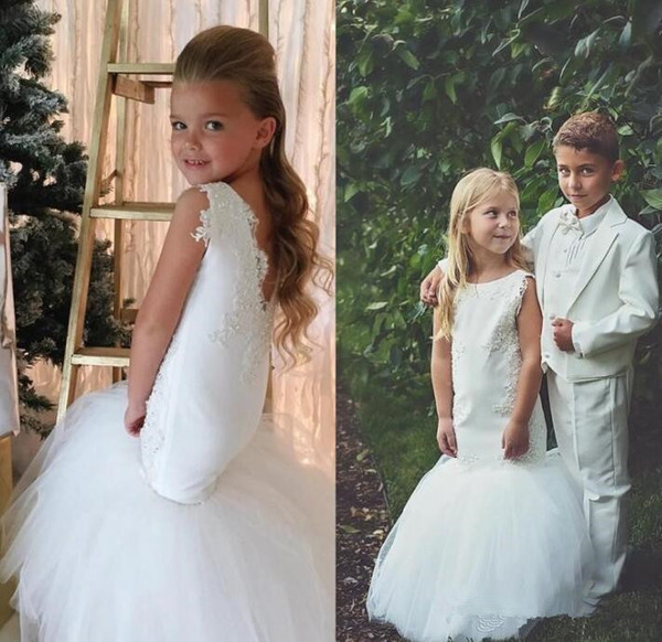 Cute Wedding White Mermaid Flower Girls Dresses Tulle Ball Gown Train Lace Applique Beads Little Girls Pageant Dress Holy Communion Dress