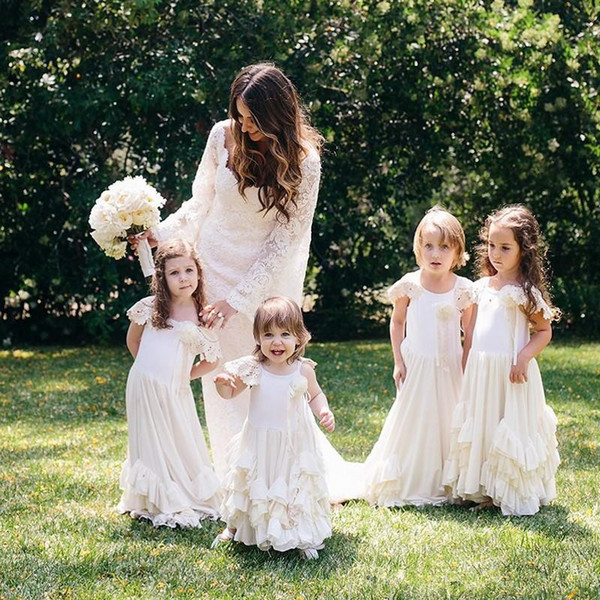 Lovely Boho Flower Girl Dresses For Weddings With Lace Cap Sleeves Layered Ruffles Kids Pageant First Communion Gowns Cheap Custom Made