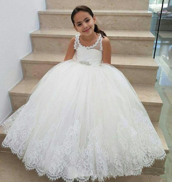 Pretty Straps Ball Gown Flower Girl Dresses For Wedding Puffy Tulle Keyhole Back Kids Birthday Party Gowns