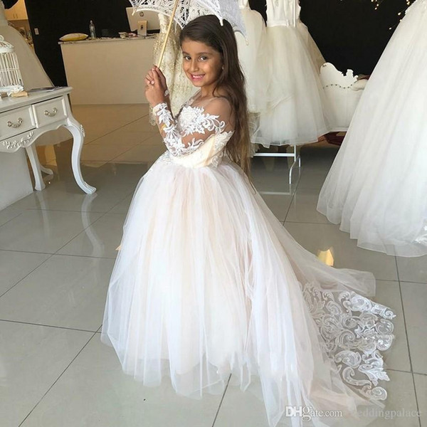 Lovely Long Sleeves Lace Tulle Flower Girl Dress Kids Formal Wear Tulle Girls Pageant Dress Graceful Weddings Birthdays Custom-made