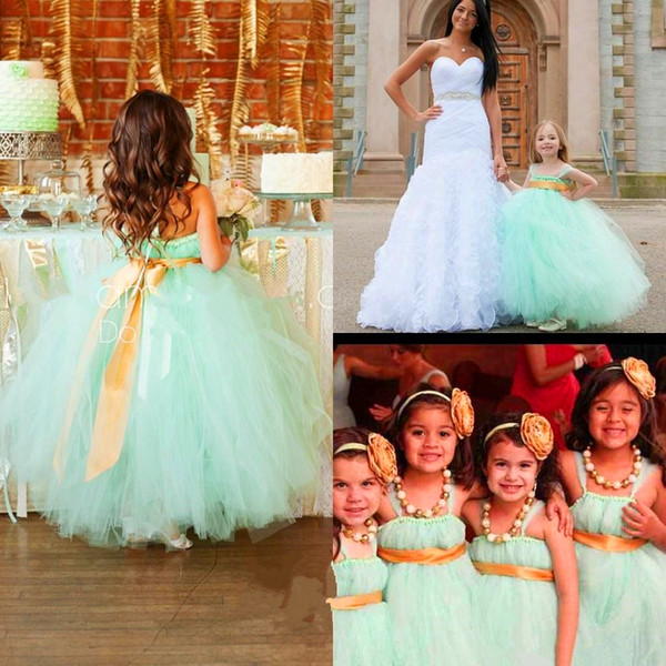 Cheap Spring Mint green Flower Girl Dresses For Wedding puffy tulle ball gown Little Kids First Communion Birthday country Pageant Gowns