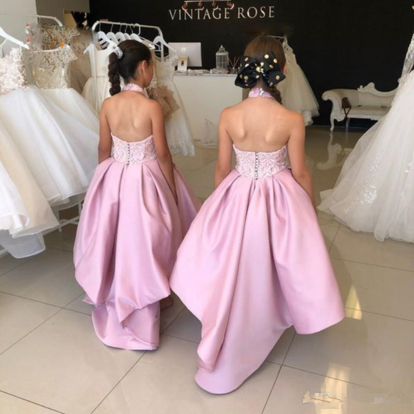 Pink Halter Flower Girl Dresses Lace Backless Satin Princess Kids Toddlers Dress For Wedding Evening Party Gowns Tea Length Robes De Fête