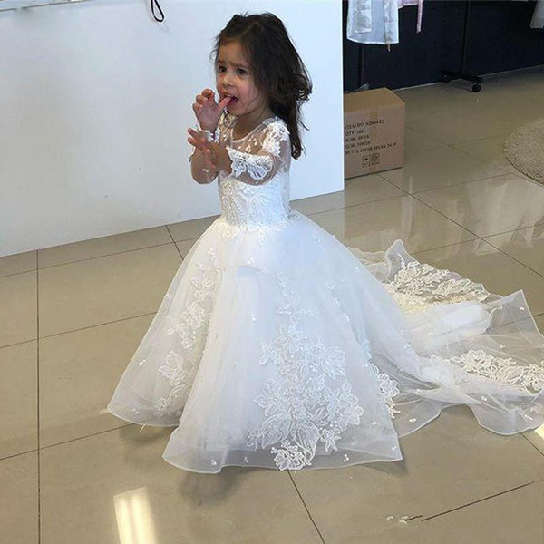 New White A Line Lace Flower Girls Dresses For Wedding Gown Jewel Neck Long Sleeve Floor Length Tulle Childern Commnunication Dresses