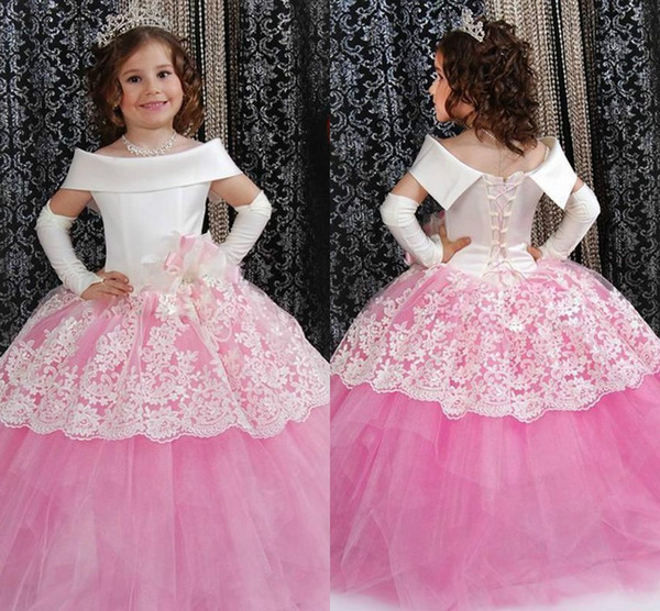 New Princess White and Pink Flower Girls' Dresses Off Shoulder Lace Appliques Ball Gown Toddler Party Gowns For wedding