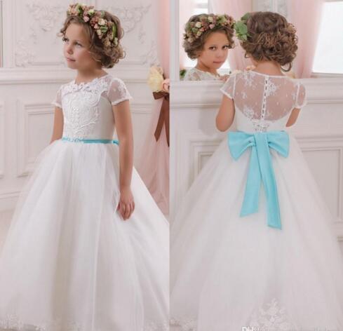 Cheap White Lace Flower Girls Communion Dresses Little Infant Girl Gowns Long Tulle Kids Blue Sash Kids Children Gowns For Weddings