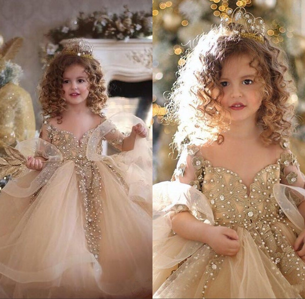 Adorable Champagne Flower Girl Dresses Beaded Lace Appliques Tulle Birthday Party Dresses Puffy Pageant Kids Formal Gown for Wedding