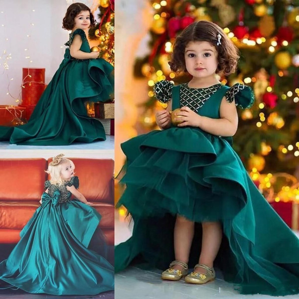 Adorable High-Low Capped Flower Girl Dresses with Bow Sash Dark Green Puffy Pageant Dresses Little Girl Formal Gown Communion Dress