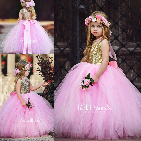 New Cute Pink Tulle Flower Girls Dresses Top Sparkly Sequins Hollow Back First Communion Dresses Party Ball Gown Princess Dresses