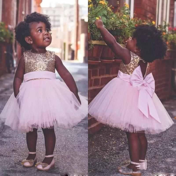 Lovely Toddler Little Flower Girl Dresses Pink Tulle Gold Sequined Keyhole Back With Bow Knee-Length Tutu First Communion Dresses