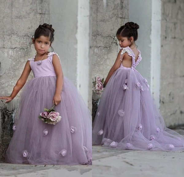 New Lovely Light Purple Tulle Flower Girl Dresses Cross Strap Back Flowers Ball Gown Floor Length Girls Pageant Dresses Custom Made