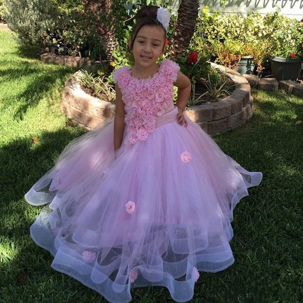 First Communion Dresses For Girls Scoop With Hand-Made Flowers Tulle Ball Gown Pink Flower Girl Dresses For Little Girls