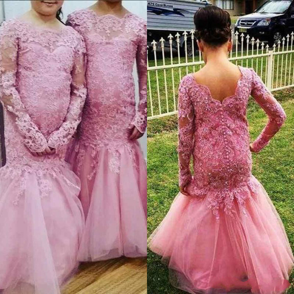 Pink Gray Lace Appliques Flower Girl Dresses For Wedding With Sequined Mermaid Lovely Long Sleeve First Communion Dresses