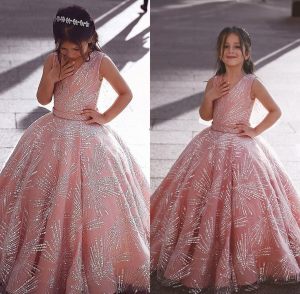 Adorable Pink Flower Girls Dresses Sequins Appliques Ball Gown Custom Made Sleeveless Girls Pageant Dresses Formal Wear