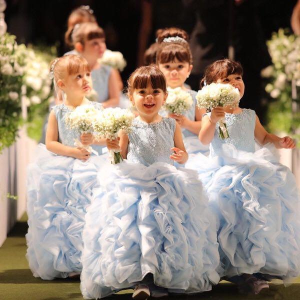 Lovely Tutu Puffy Flower Girls' Dresses Sleeveless Light Sky Blue Lace Appliques Ruched Cute First Communion Dresses