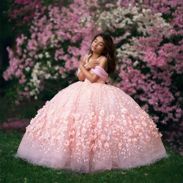 Princess Puffy Ball Gown Flower Girl Dresses 3D Floral Appliques Off Shoulder Girls Pageant Dress Brithday Party Gown vestido de nina