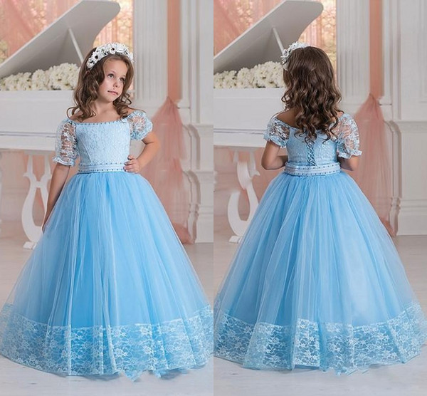 Sky Blue Flower Girls' Dresses Off Shoulder Crystals Beaded Lace Short Sleeve Toddler First Communion Dress