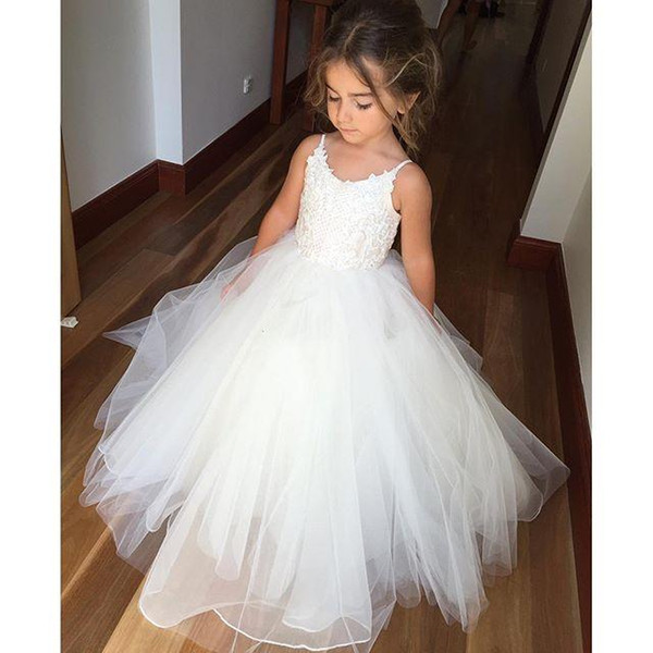 Cheap Flower Girls Dresses Tulle Lace Top Spaghetti Formal Kids Wear For Party Free Shipping Toddler Gowns