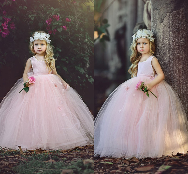 New Blush Pink Ball Gown Flower Girls Dresses Puffy Tulle Floor Length First Communion Dresses Girls Pageant Gown Custom Made Cheap