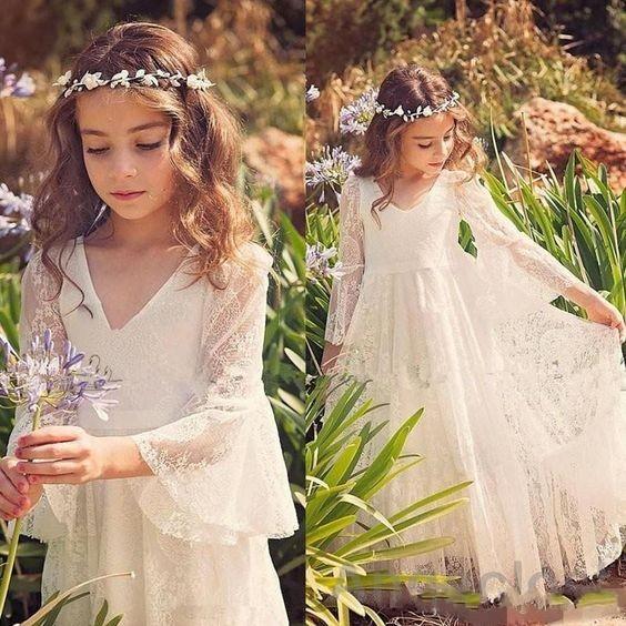 Full Lace Bohemia Flower Girl Dresses For Wedding Illusion 3/4 Speaker Sleeve Floor Length Girl Party Dresses Lace Dresses MC0668