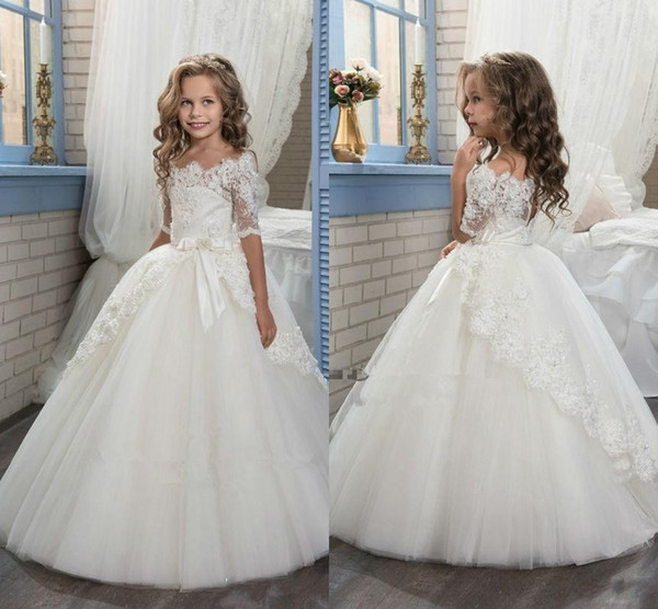 Princess Ivory Little Flower Girl Wedding Dresses With Sheer Half Sleeves Scoop Neck Puffy Tulle First Communion Dresses