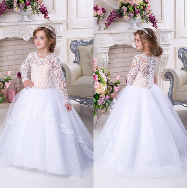 Puffy Lace Flower Girl Dresses for Wedding Sheer Long Sleeve Tulle Little Girls Birthday Party Wear First Communion Dress Pageant Gown