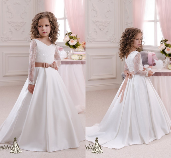 Sheer Long Sleeves Flower Girls Dresses Bow V Neck A Line Girl Pageant Dress Zipper Back Birthday Kids Communion Dress