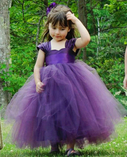 Cute Pretty 3 Colors Green purple White Flower Girls Dresses Wedding Princess Girl Pageant Gowns Full Length Tulle Kids Dresses MC0388