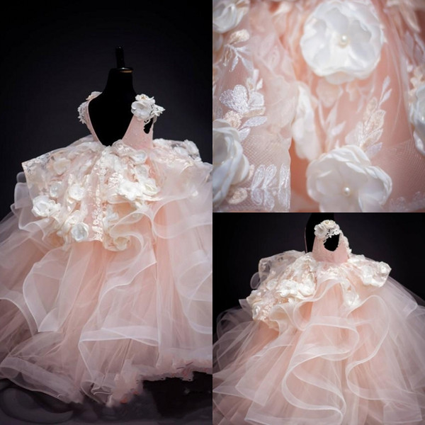 Light Pink Flower Girl Dresses 3D Floral Appliques Ruffles Kids Formal Gown For Wedding Brithday Party