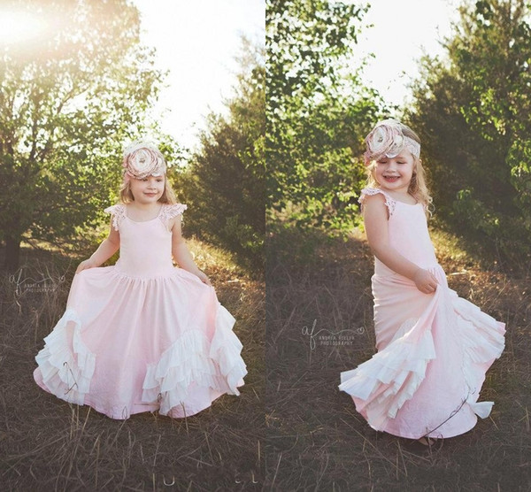 Baby Pink Flower Girls Dresses For Weddings Simple Lace Cap Sleeves Floor Length A Line First Communion Dresses Tutu Kids Formal Wear