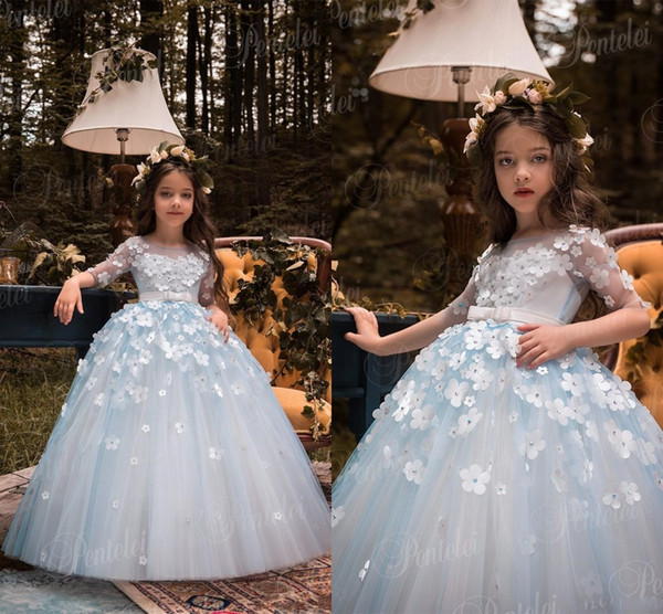 Cute Long Flower Girl Dress with Hand Made Flowers Beaded Kids First Communion Dresses for Little Girls Party Gowns