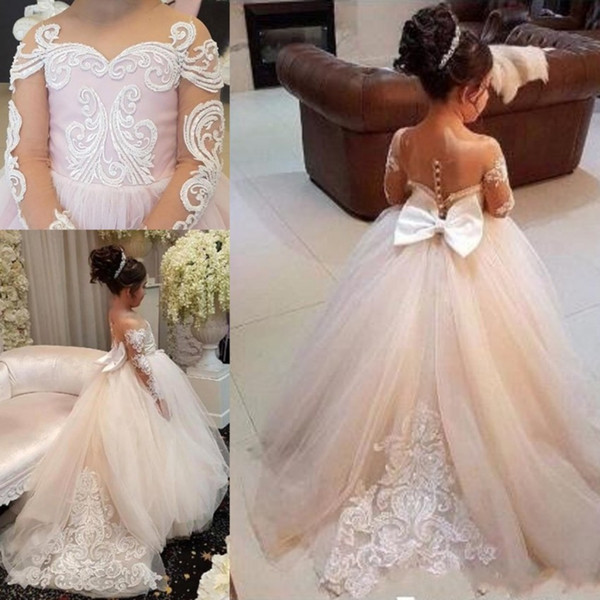 Light Champagne Flower Girls Dresses Long Sleeve Lace Applique Bow Sheer Neck Pageant Dress Custom Made Communion Gowns BA7399