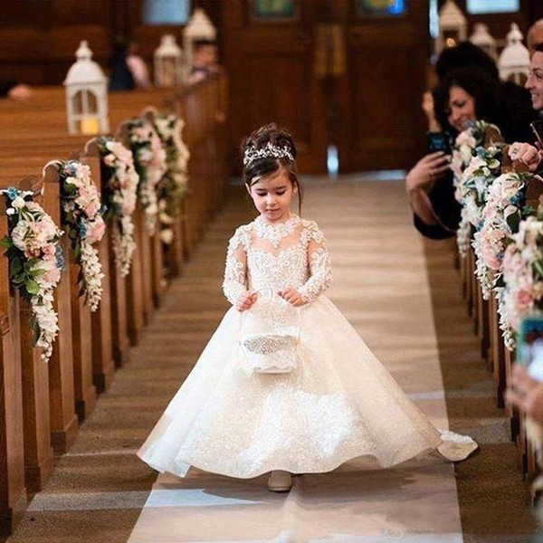 Cute Long Sleeve Flower Girl Dresses with Bow Sash Lace Appliques Little Girl Dresses for Wedding Pageant Gown