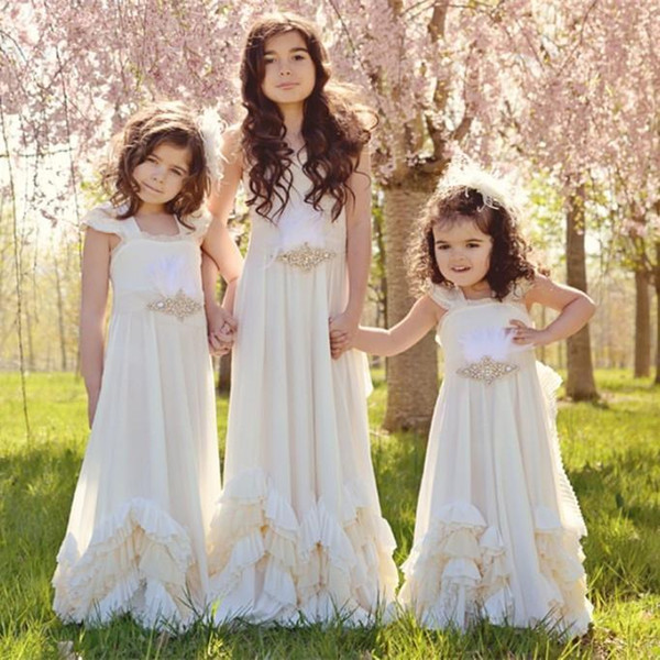 New Pretty Flower Girl Dresses For Weddings Spaghetti Ruffles Floor Length Modest First Communion Party Dresses For Child Teens