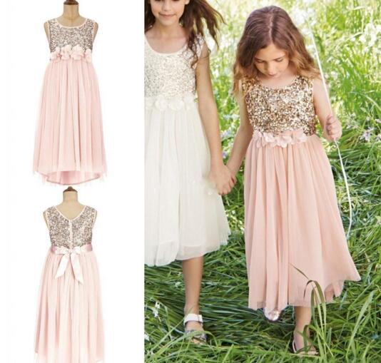 Blush Flower Girls Dresses Gold Sequins Hand Made Flower Sash Tea Length Tulle Jewel A Line Kids Formal Dress Junior Bridesmaid Dress