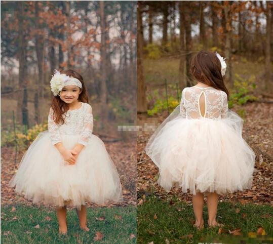 Cute Ball Gown Boho Country Wedding Flower Girl Dresses Illusion Long Sleeve Tulle Skirts Tea Length Cheap Baby Kids Communion Dresses