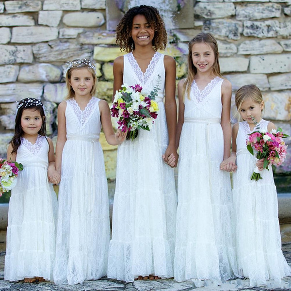 Pretty Lace Flower Girl Dresses Long Junior Bridesmaid Dress Bohemian Garden V Neck First Communion Dress For Little Girls