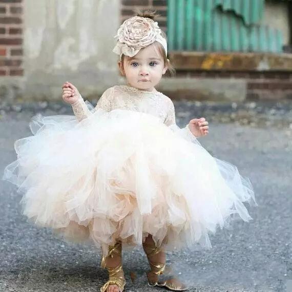 Cute Toddler Puffy Ball Gown Flower Girl Dresses Lace Top Bodice Long Sleeves Tulle Ivory TuTu First Communion Dresses