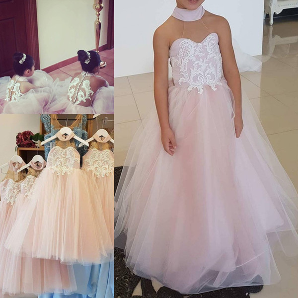 Good Quality Baby Pink Lovely Flower Girl Dresses Halter Appliqued Sleeveless Tulle Button Back A Line Kid Gowns For Wedding