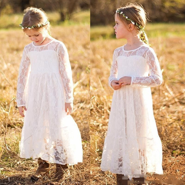 Pretty Long Sleeves Full Lace Flower Girls Dresses Floor Length A Line Kids Pageant Gown First Communion Dresses Custom Made Cheap