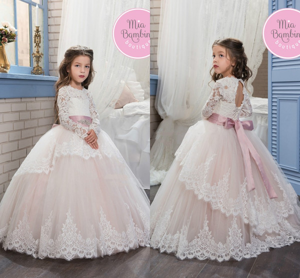 Pretty New Ball Gown Flower Girl's Dresses Crew Neck Lace Long Sleeve Beaded Tulle Princess Kid Formal Wear Birthday Dresses