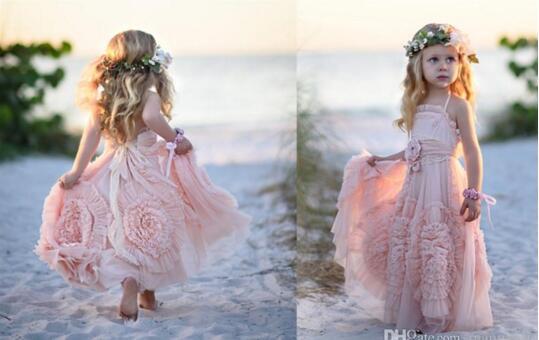 Cheap Pink Flower Girls' Dresses For Wedding Lace Applique Ruffles Kids Formal Wear Sleeveless Long Beach Girl's Pageant Gowns