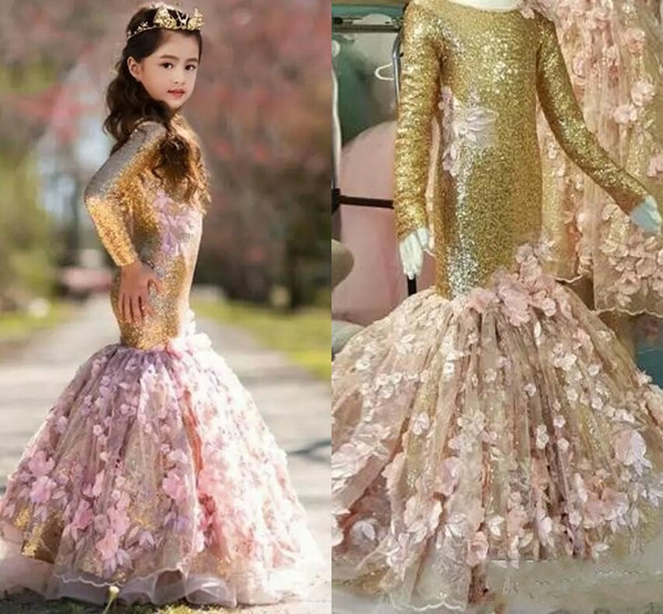 Vintage Gold Sequined Mermaid Flower Girls Dresses Scoop Neck Long Sleeve Zipper Back 3D-Floral Applique Long Kids Girl Pageant Gown