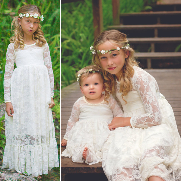 Cheap White Full Lace Flower Girls Dresses Long Sleeves Princess Girl Pageant Gowns Full Length Kids Vintage Communion Dresses MC0366